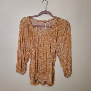 Free People Orange White Flowy Floral Top Size SP
